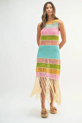Multi Color Fringed Crochet Knit Dress Mable